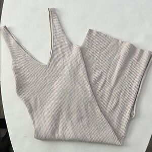 Mahina Hawaii Bardot Ribbed V Neck Stretchy Neutral Beige Midi Dress Slit Medium